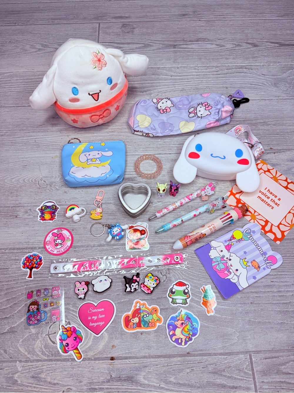 Cinnamoroll hello kitty bundle purse , pens , croc charm bracelet , stickers